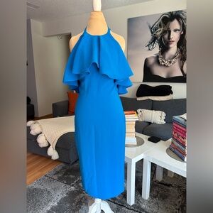 Alberto Makali Vibrant Blue Halter Ruffle Maxi Dress